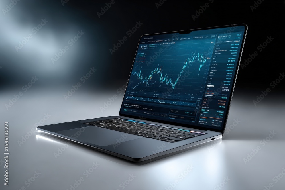 Aufkleber Modern silver laptop open on sleek desk displaying financial trading charts and digital data with dark background and professional workspace setup