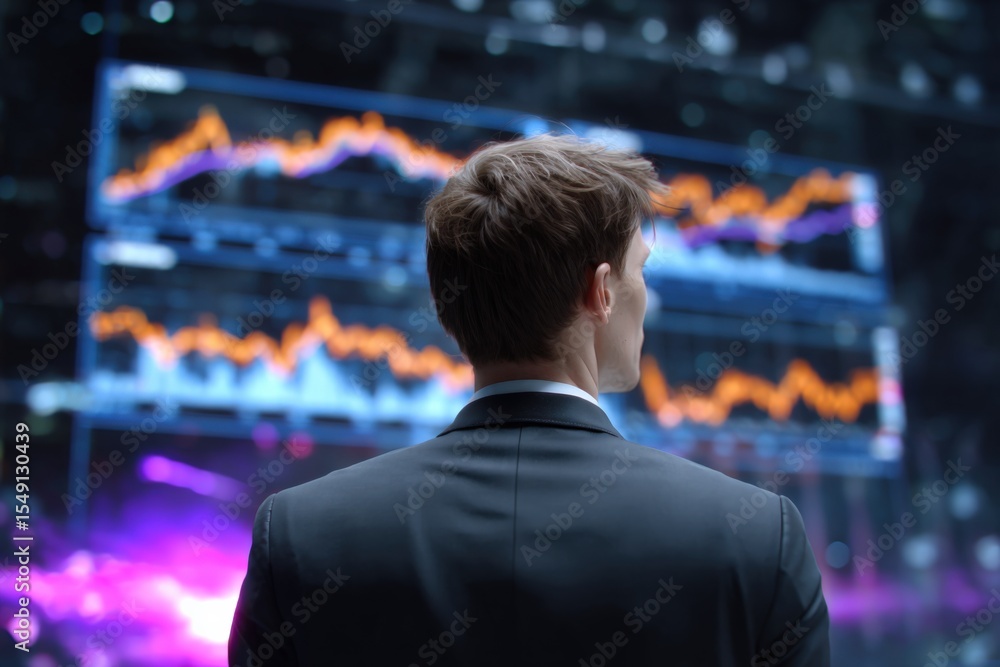 Poster businessman analyzing stock market data on large digital screen with financial charts and graphs in 