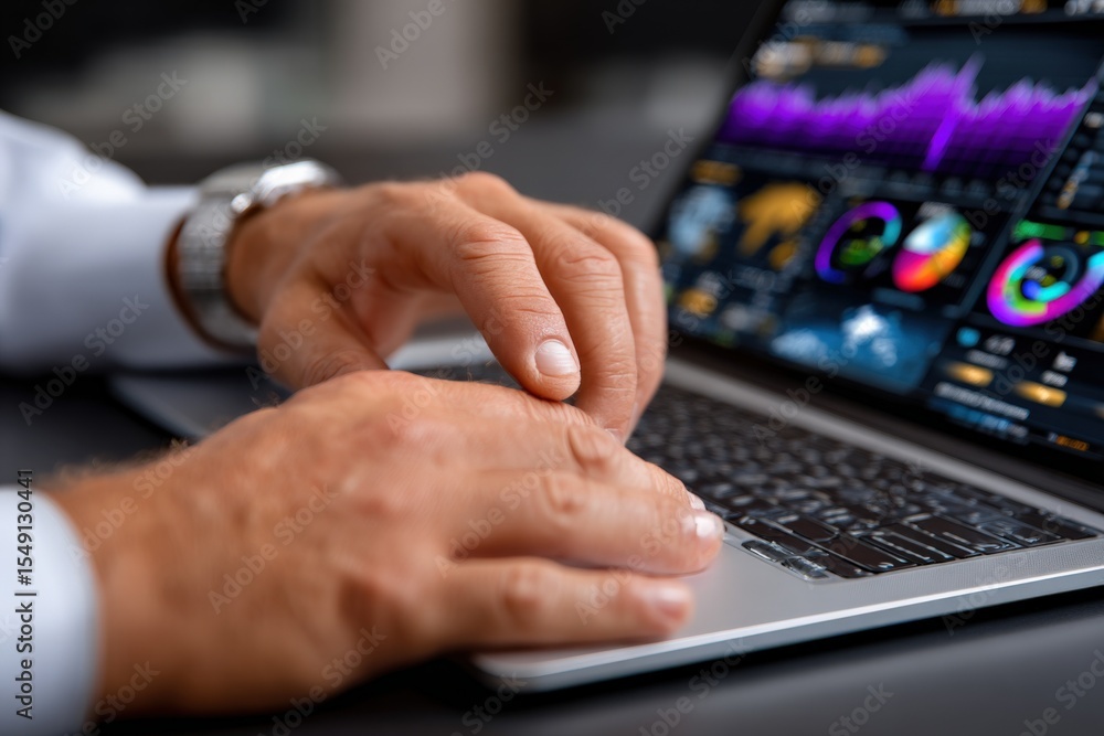 Aufkleber Close-up of a person's hands using a laptop with colorful financial charts and graph data on the screen, working on data analysis and reporting