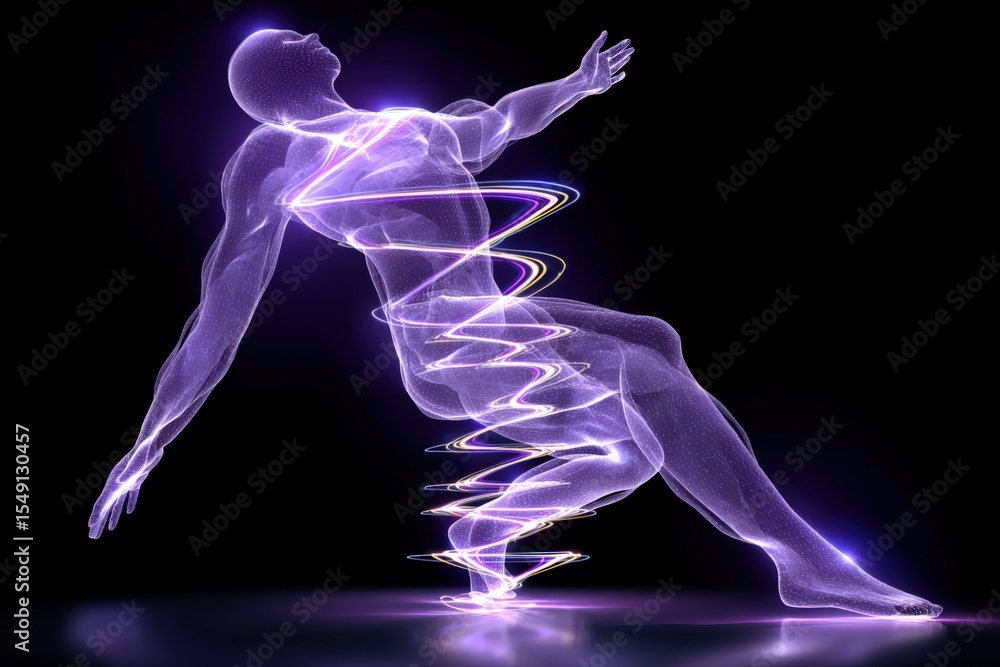 Poster dynamic neon light silhouette of a person in a stretching pose with swirling energy effects and vibr