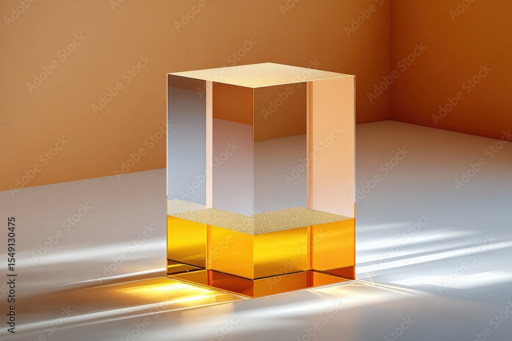 Poster modern creative transparent geometric sculpture with golden base illuminated by warm light on a clea