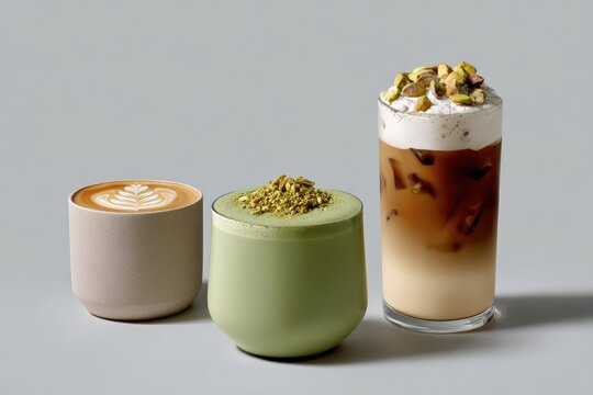 Close-up of three different coffee beverages including a latte with latte art a matcha green tea drink and an iced coffee with milk in a tall glass on a plain background