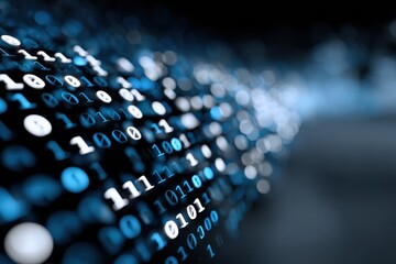 Close-up of digital binary code on a futuristic display with glowing blue elements representing data transfer and information processing