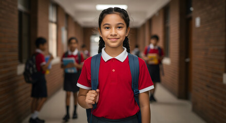 Student smiling in school corridor