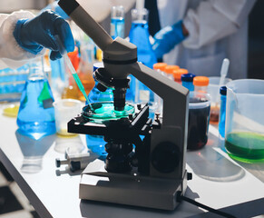 Scientist pipetting medical samples into microplate in laboratory