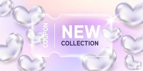 Transparency coupon on heart shape holographic chrome color gradient background. New Collection tag with shiny, glossy, reflective surface.