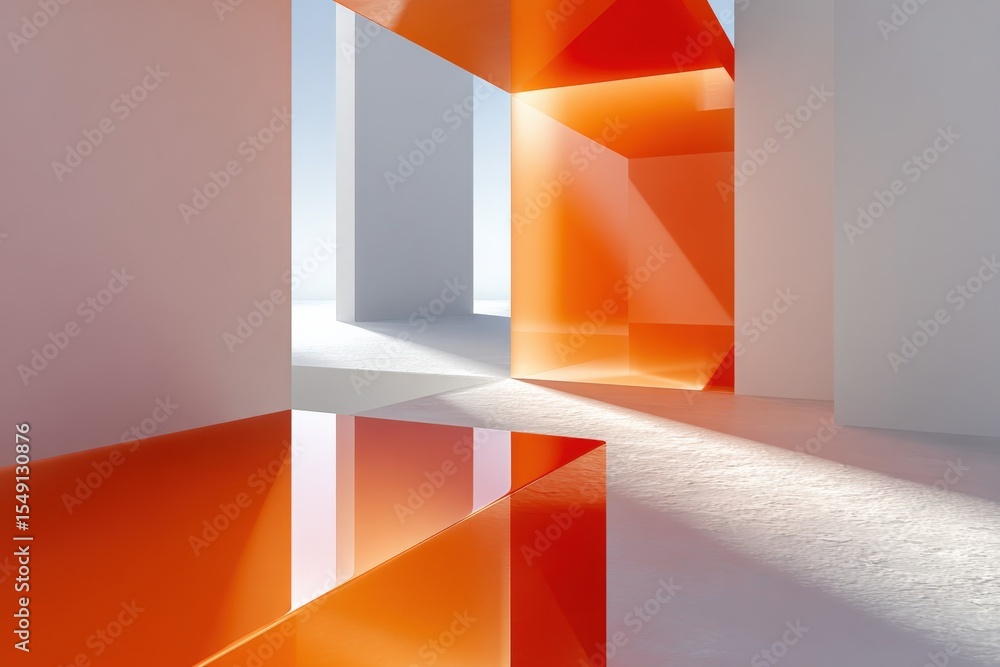Poster modern abstract interior with vivid orange geometric architectural elements and bright natural light