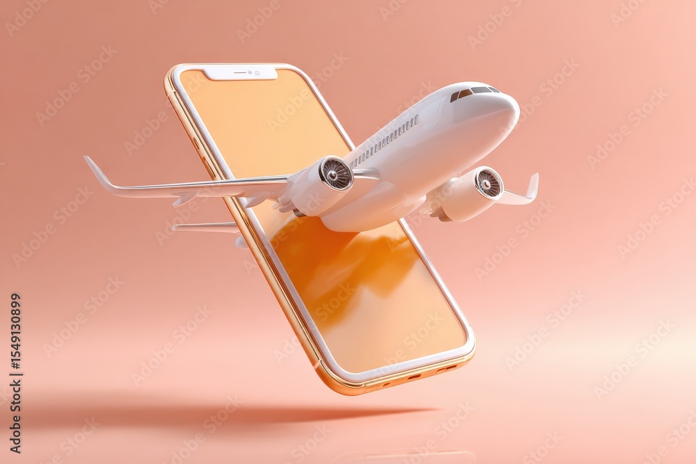 Poster modern airplane flying above a smartphone with a pastel pink background creating a futuristic and in
