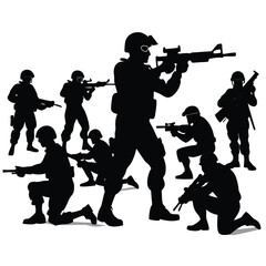 Obraz premium Silhouette group of soldiers in action armed with guns and ready for combat
