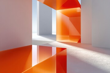 Modern abstract interior with vivid orange geometric architectural elements and bright natural light creating a minimalistic and futuristic space scene