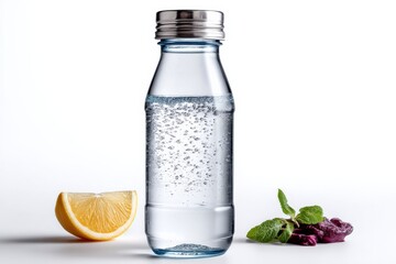 Clear glass water bottle with metal screw cap filled with sparkling water accompanied by lemon wedge and fresh mint leaves on white background
