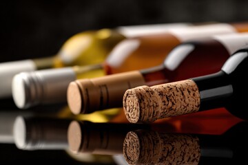 Assorted wine bottles lying on a reflective surface with corks and colorful caps in a close-up flat lay image for beverages and alcohol products marketing