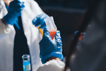 Scientist pipetting medical samples into microplate in laboratory