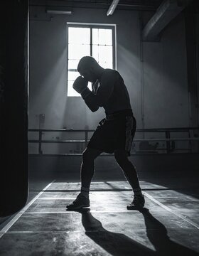 Intense Boxing Training Session: Cinematic Silhouette of Male Boxer Hitting Punching Bag, Dramatic High-Contrast Lighting, Gritty Gym Atmosphere, Strength & Dedication