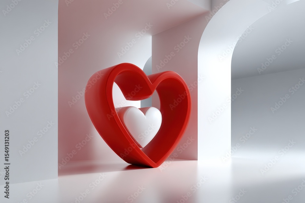 Poster modern minimalist interior design with large red heart sculpture and white architectural elements cr