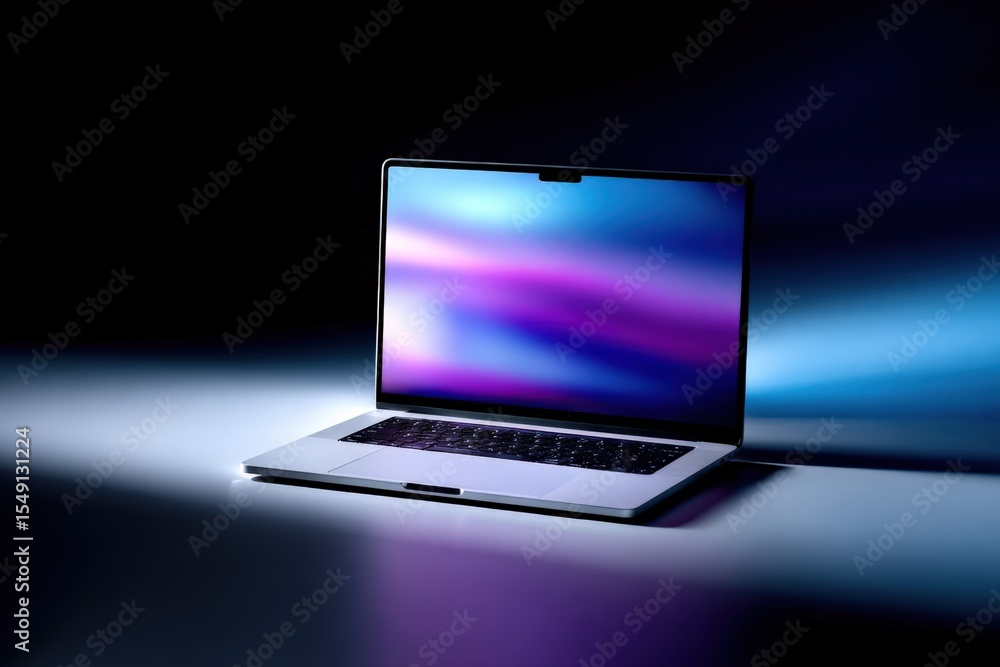 Poster Modern slim laptop with vibrant colorful screen open on a reflective surface in a dark environment showcasing digital technology and screens
