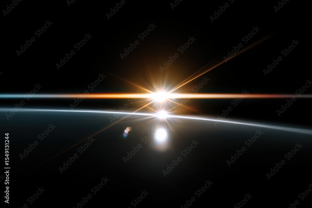 Poster Stunning View of a Bright Sunlight Burst with Lens Flare and Reflection on Earth Surface in Outer Space with Dark Sky Background