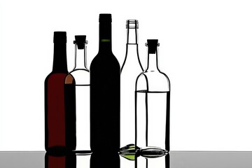 Set of five glass bottles including wine, liquor, and water bottles in different shapes and sizes isolated on white background