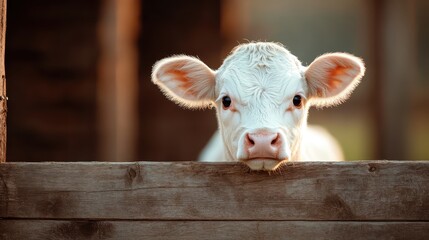 A close-up of an inquisitive young calf resting its head on a wooden fence, showcasing its soft features and expressive eyes in a warm, natural setting.
