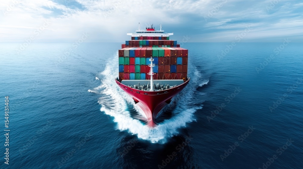 Poster a striking aerial view of a massive cargo ship filled with colorful containers navigating the deep b
