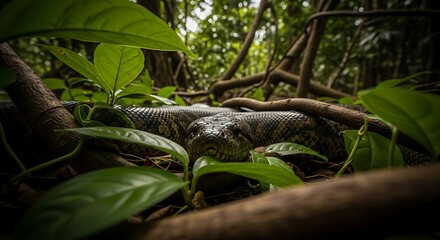 Close-up of a Large Snake in Lush Green Jungle Foliage, Eye Contact