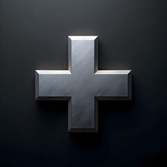 Obraz premium Metallic Silver Plus Sign on Dark Background for Healthcare and Medical Symbols