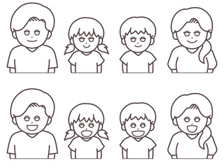 にこにこ笑顔の家族イラスト(線画)