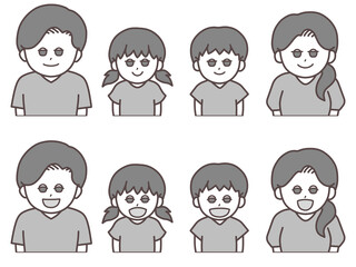 にこにこ笑顔の家族イラスト(白黒グレー)