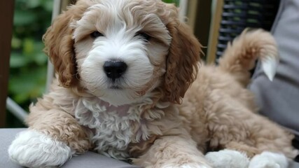 Closeup of a sleeping goldendoodle puppy resting peacefully on a gray cushion outdoors on a sunny day