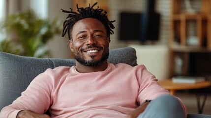 Obraz premium A cheerful young man with a joyful smile is seated comfortably on a plush sofa in a bright, cozy living room, capturing a sense of relaxation and contentment in everyday life.