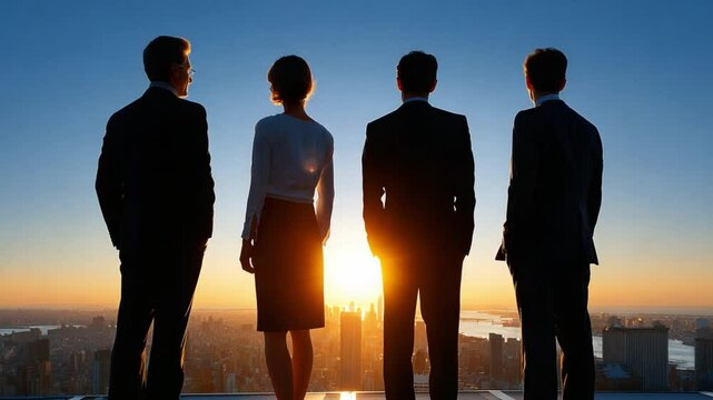 Visionary Dawn: A poised quartet of business leaders observes a sunrise, embodying strategic foresight and collective ambition.