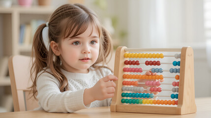 toddler girl learn counting by using abacus for homeschooling