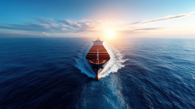 A stunning cargo ship navigates the tranquil sea as the sun sets on the horizon, painting the sky with vibrant colors and creating a picturesque maritime scene of adventure.