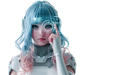 Girl with light blue hair and digital interface on her face