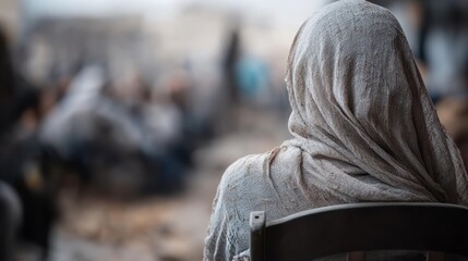 This image captures a solemn figure draped in a subtle shawl, sitting among a blurred backdrop of a community gathering, evoking feelings of unity and contemplation.