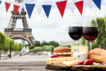 French cuisine display featuring assorted cheeses, pastries, and red wine glasses, set against a festive backdrop of flags and iconic architecture, celebrating national pride