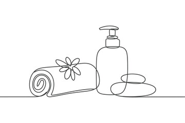 Continuous Line Art of Spa Essentials Towel Lotion and Stones