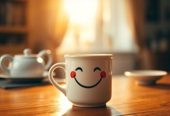 Smiling coffee cup, vintage filter, warm lighting, cozy Sunday morning,  filter,   warmth