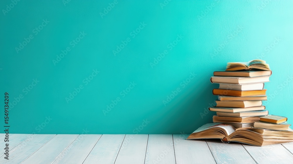 Poster a neatly arranged stack of books, both open and closed, rests on a wooden surface, symbolizing knowl