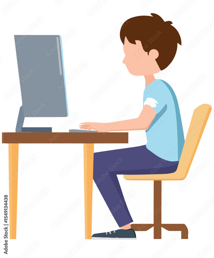 Fototapete vector image of a boy at a desk with a computer.