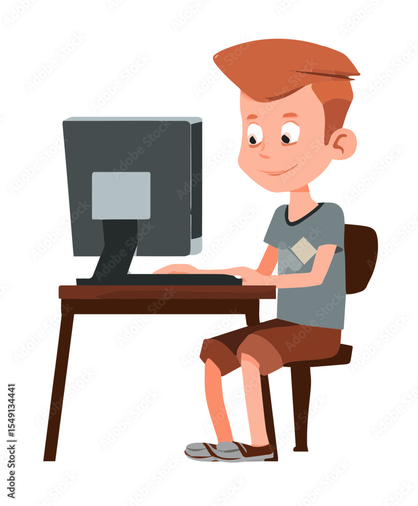 Fototapete vector image of a youngster sitting at a desk with a computer.