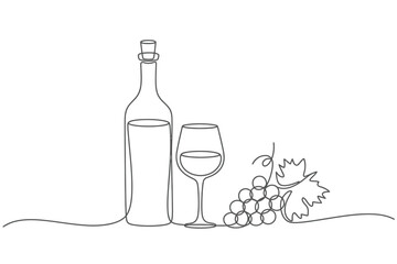 Minimalist Wine Still Life Bottle Glass and Grapes Line Art