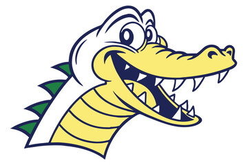 Cartoon alligator with white head and yellow body displays an open mouth full of teeth