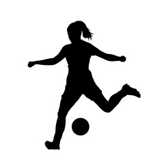 Soccer female player kicking ball, isolated vector silhouette. Football women clip art