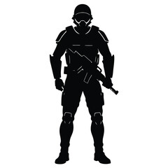 Silhouette of a futuristic soldier armed with a rifle in modern battle gear