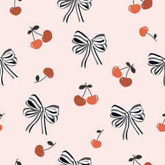 striped black white bows and heart shaped cherries  seamless pattern , vector , illustration