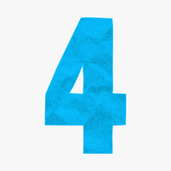 Blue number 4 with gritty crumpled surface and jagged collage edges. Cheerful and quirky cartoon digit in colorful school cutout style.