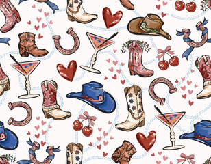 Obraz na płótnie Canvas Cowboy and Cow girl seamless vector pattern. Howdy Cowboy boots, hat, horseshoe repeating background. Wild West surface pattern design for All fabric and Prints