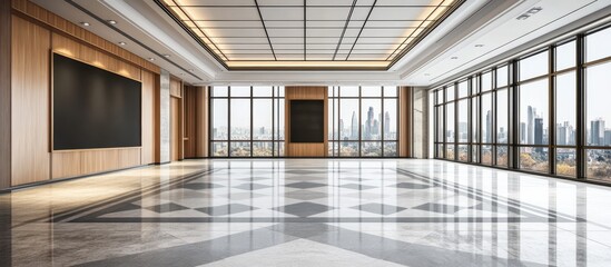 Fototapeta premium Spacious modern interior of a large hall with marble flooring.