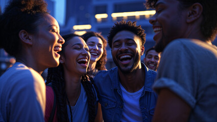 Obraz premium Diverse group of friends enjoying laughter together in an urban evening setting